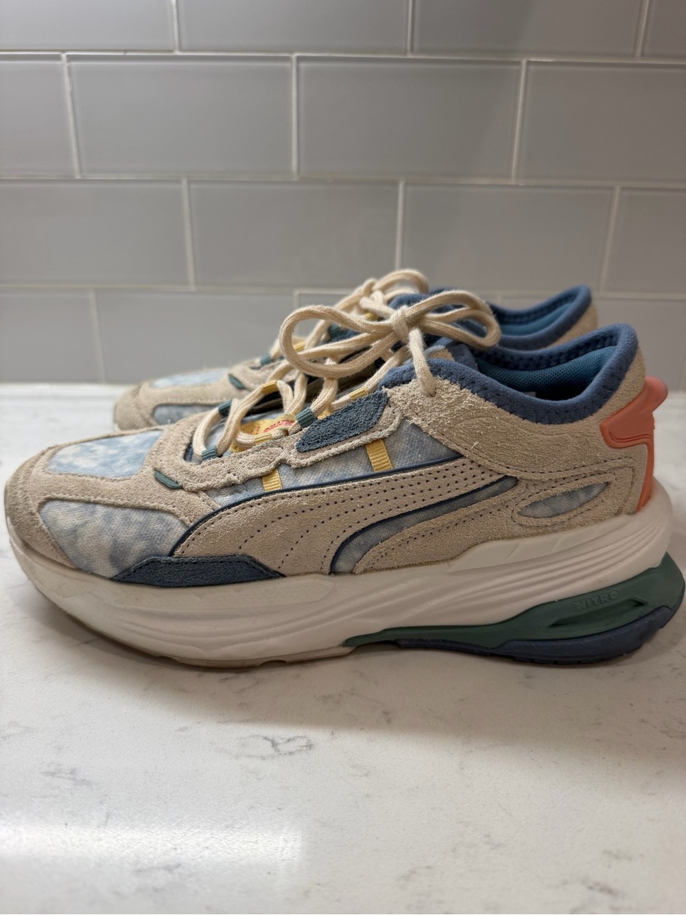 Puma Cells Women Cream and Blue Suede-Trim Athletic Sneakers
